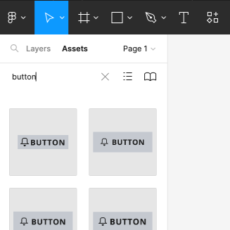 Screenshot of the word 'button' being searched for in the Figma assets panel and Salt components with matching names being displayed